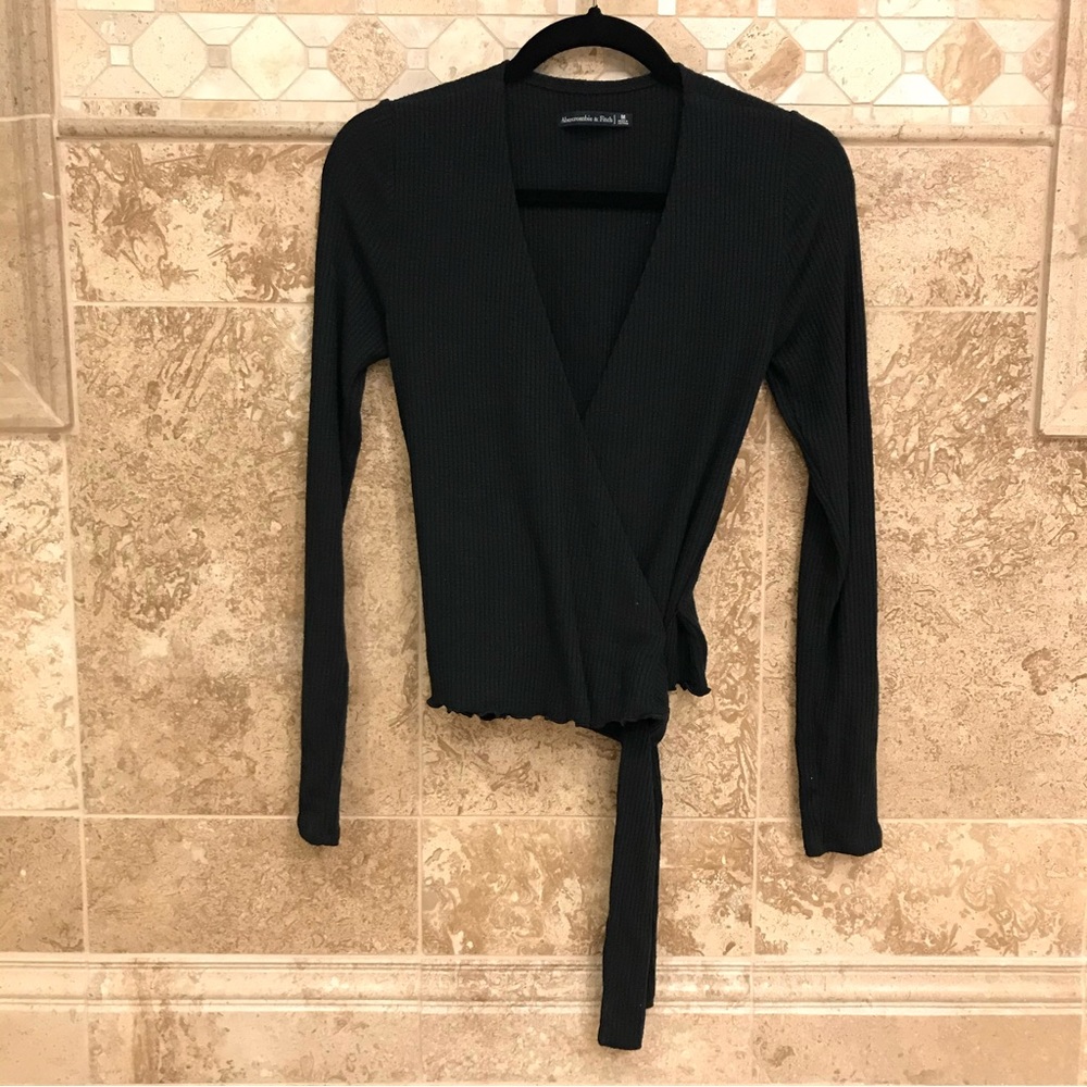 Abercrombie & Fitch Ribbed Wrap Long-sleeve Top, Medium, Black
